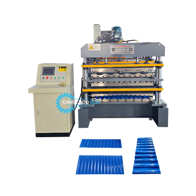 Farbstahl-PLC-Steuerung Drei-Funktions-Drei-Schicht-Rooing-Blätter Profil-Rollformmaschine